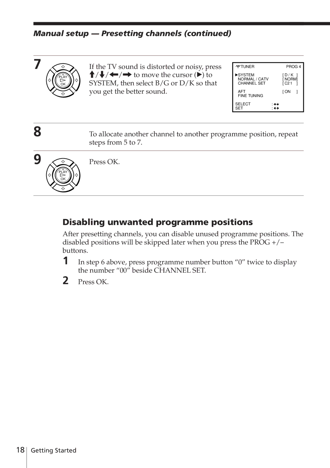 Sony SLV-E780EE manual Disabling unwanted programme positions, Manual setup -- Presetting channels 