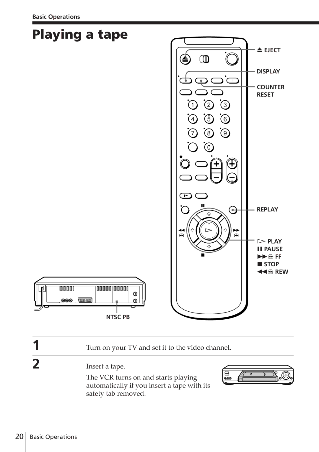 Sony SLV-E780EE manual Playing a tape, Basic Operations, Play P Pause # FF p Stop 03 REW 