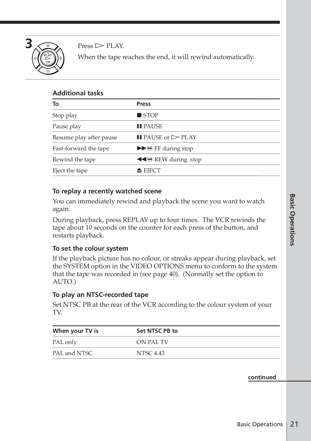 Sony SLV-E780EE manual Additional tasks, To replay a recently watched scene, To set the colour system, Basic Operations 