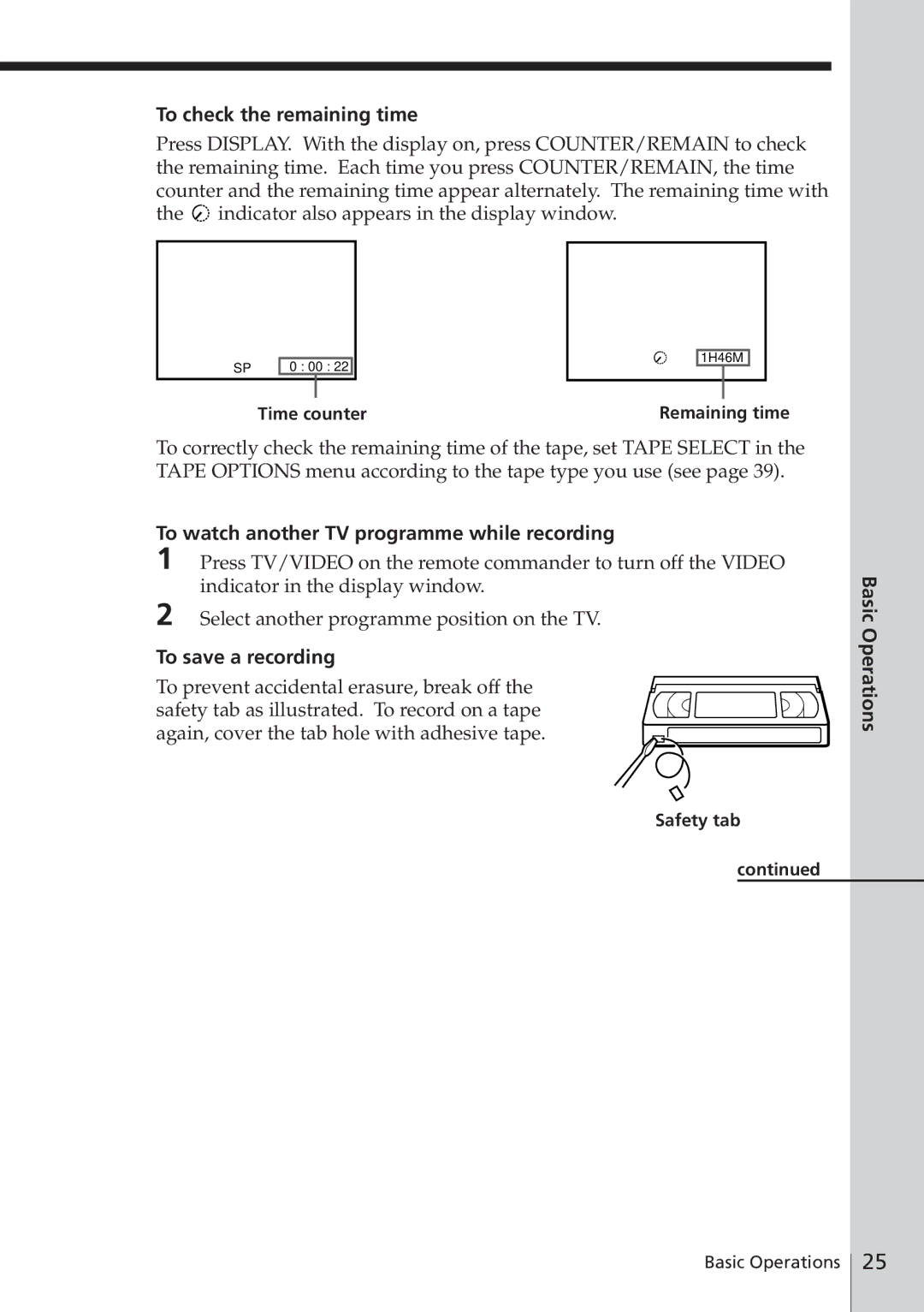 Sony SLV-E780EE manual To check the remaining time, To watch another TV programme while recording, To save a recording 