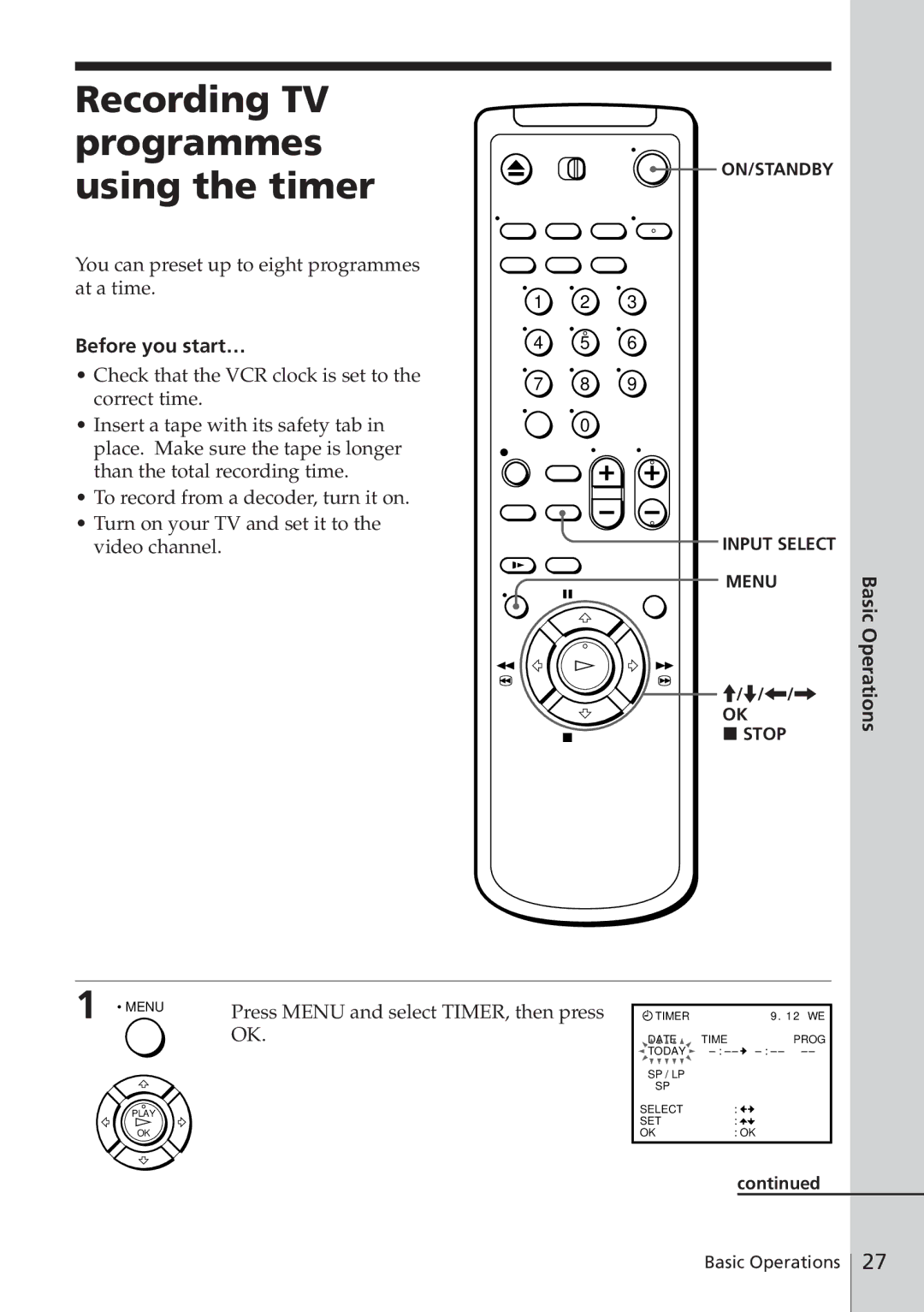 Sony SLV-E780EE manual Recording TV programmes using the timer, You can preset up to eight programmes at a time 