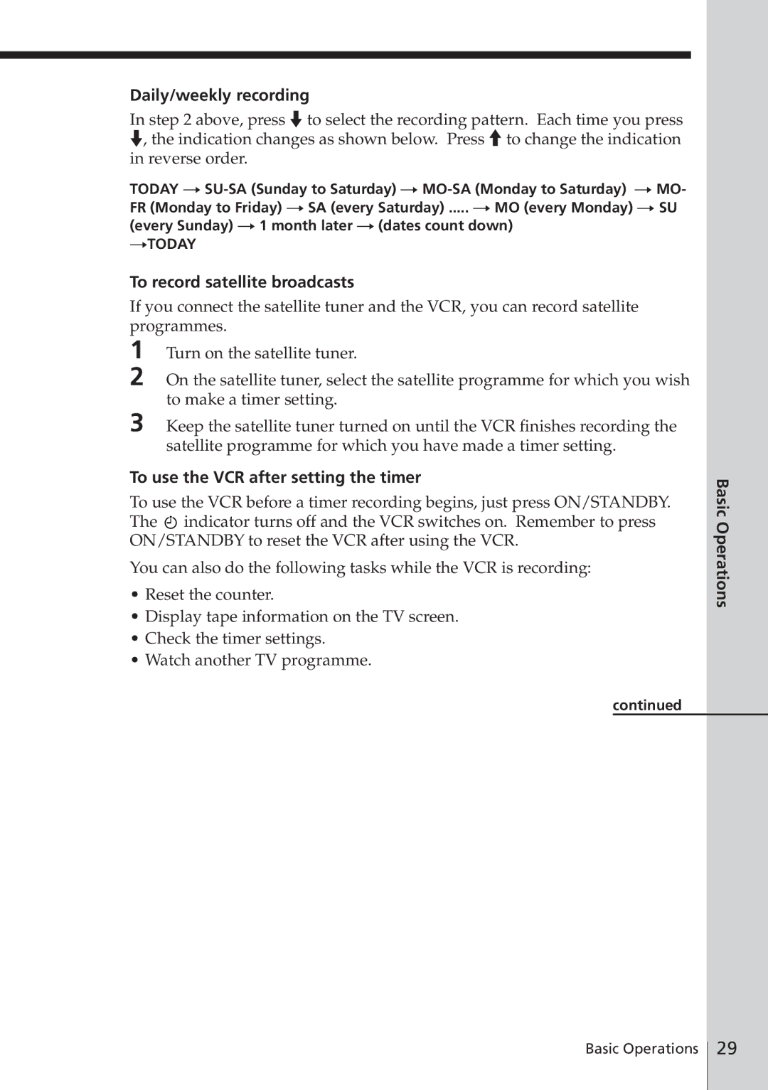 Sony SLV-E780EE manual Daily/weekly recording, To record satellite broadcasts, To use the VCR after setting the timer 