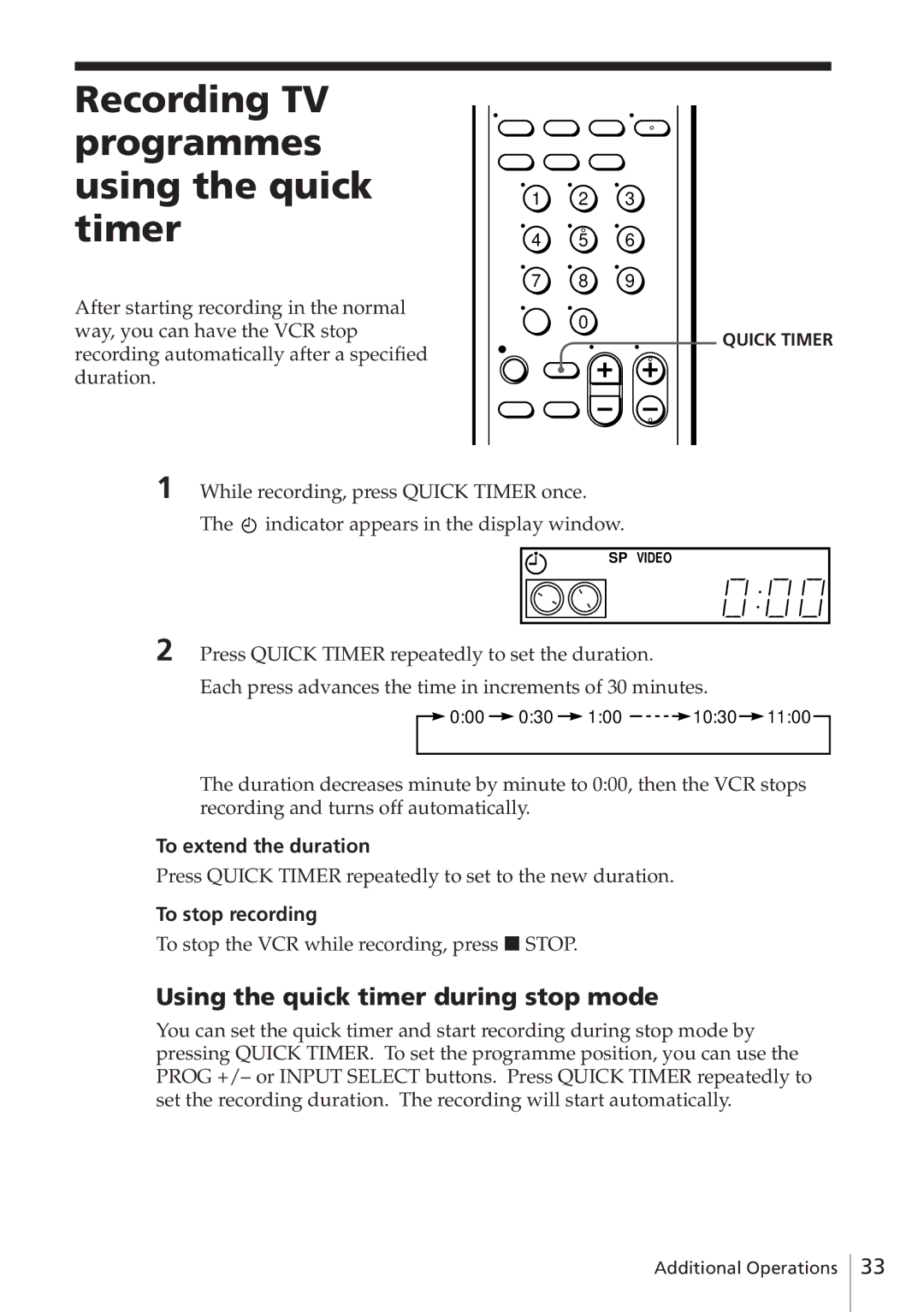 Sony SLV-E780EE manual Recording TV programmes using the quick timer, Using the quick timer during stop mode 