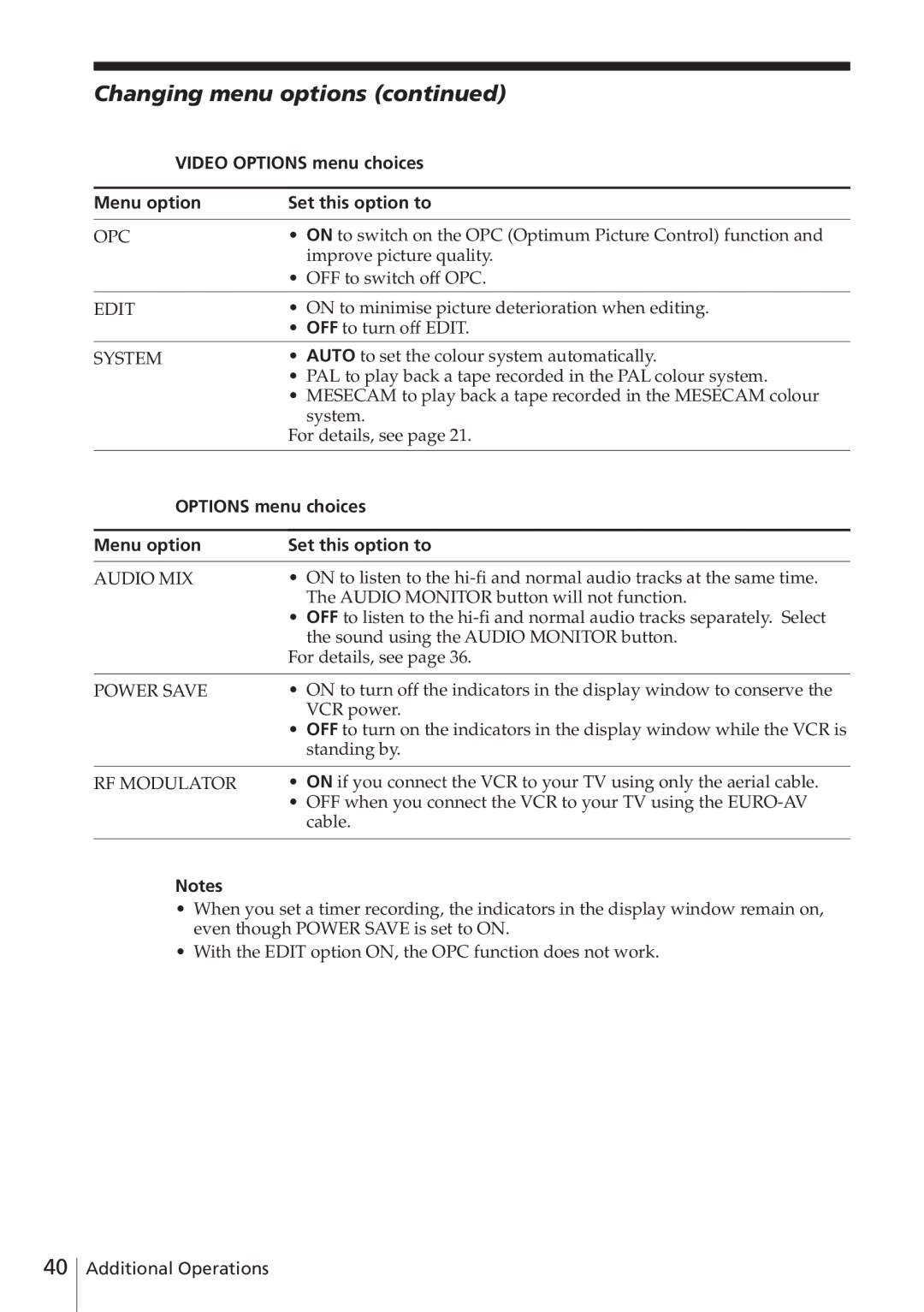 Sony SLV-E780EE manual Changing menu options, Video Options menu choices Menu option Set this option to 