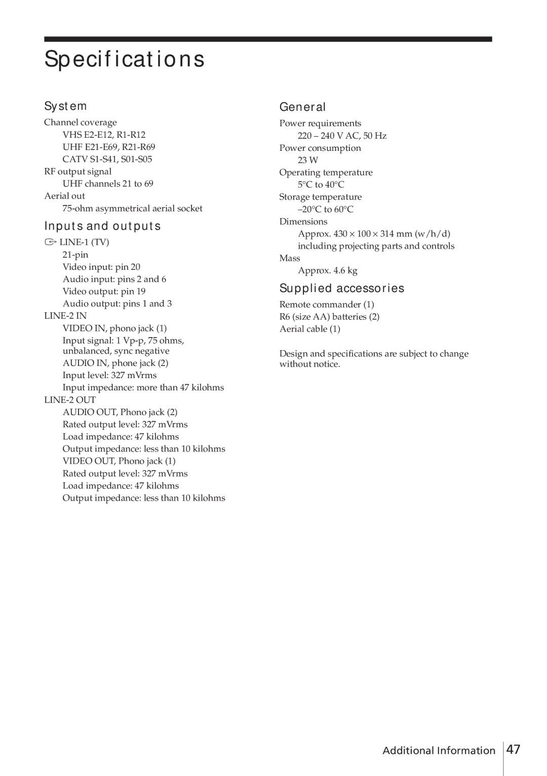 Sony SLV-E780EE manual Specifications, System, Inputs and outputs, General, Supplied accessories 