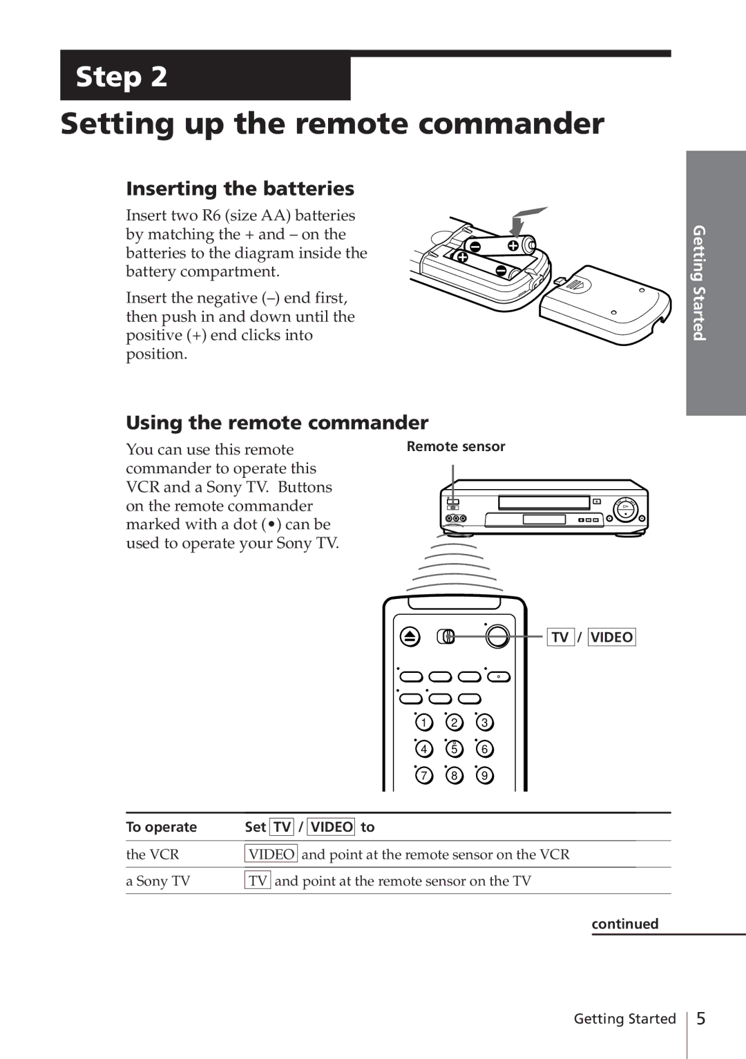 Sony SLV-E780EE manual Setting up the remote commander, Inserting the batteries, Using the remote commander 