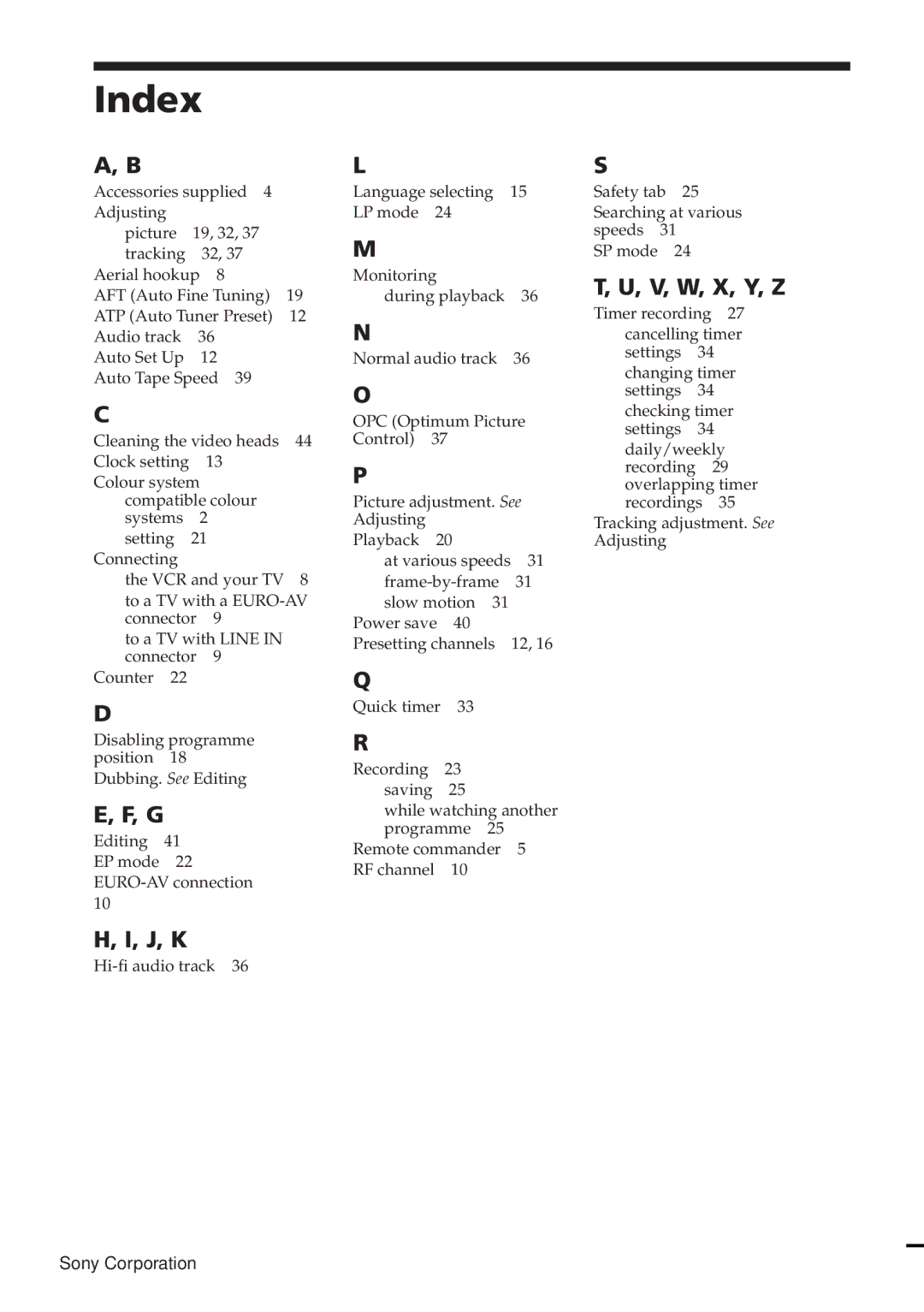 Sony SLV-E780EE manual Index, J, K 