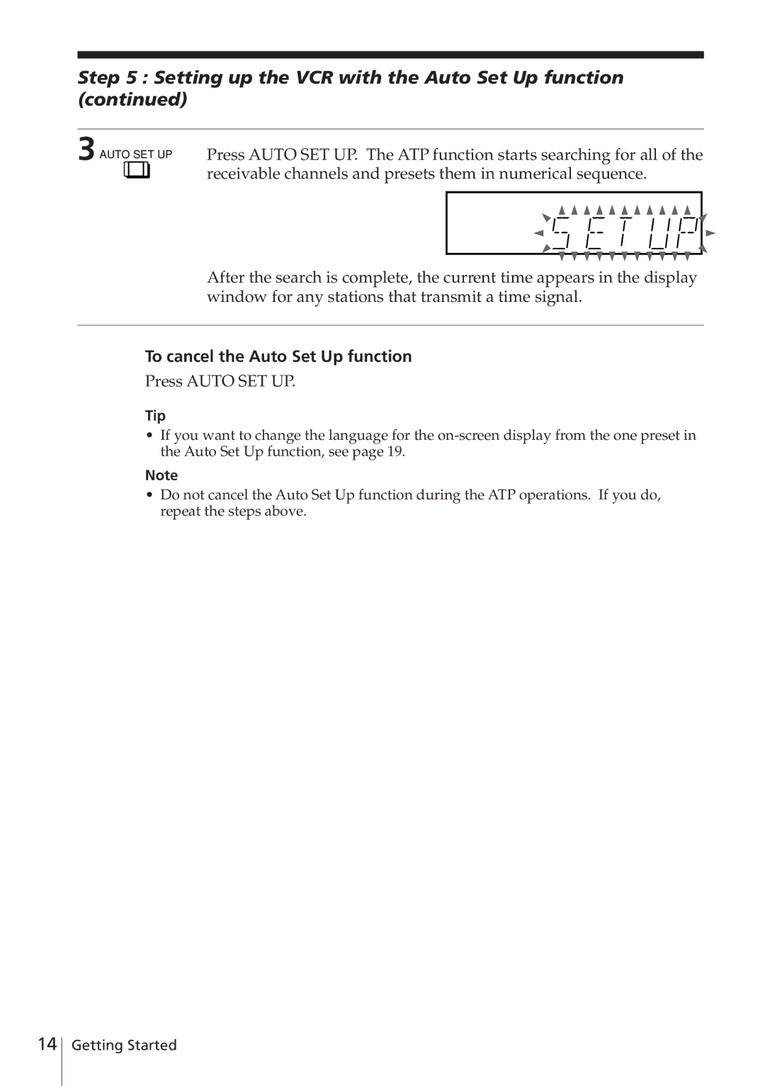 Sony SLV-E780EN/EG Setting up the VCR with the Auto Set Up function, To cancel the Auto Set Up function, Press Auto SET UP 