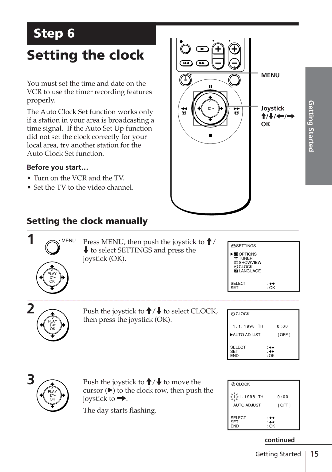 Sony SLV-E780EN/EG operating instructions Setting the clock manually, Before you start… 