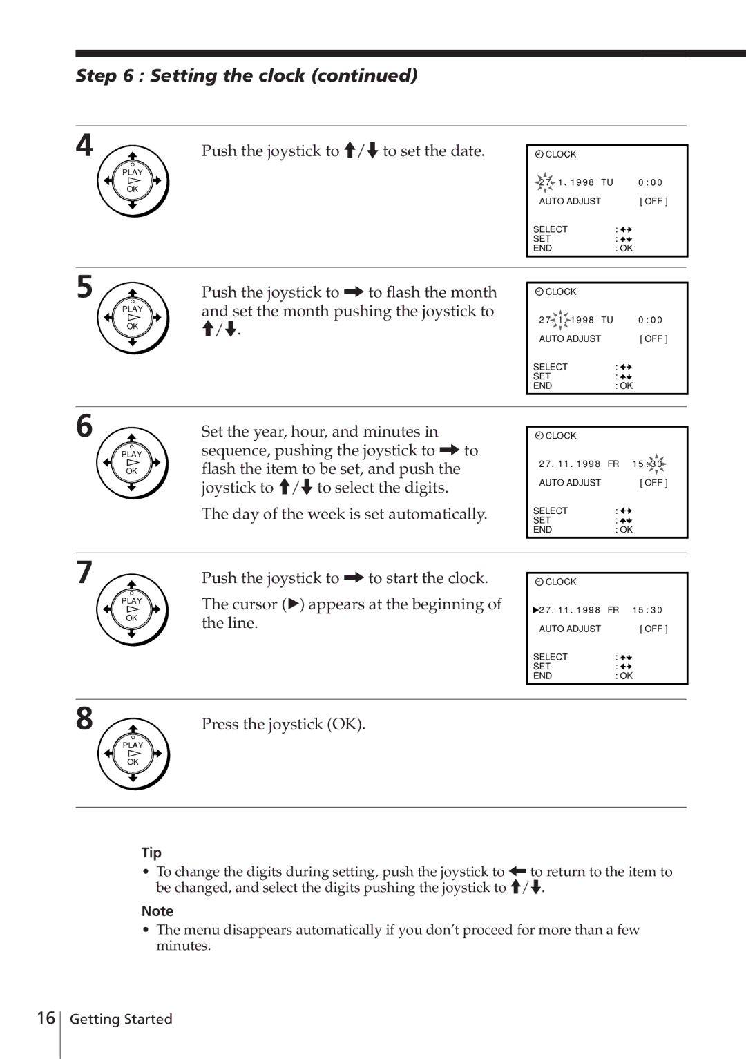 Sony SLV-E780EN/EG operating instructions Setting the clock, Push the joystick to /.to set the date, Press the joystick OK 