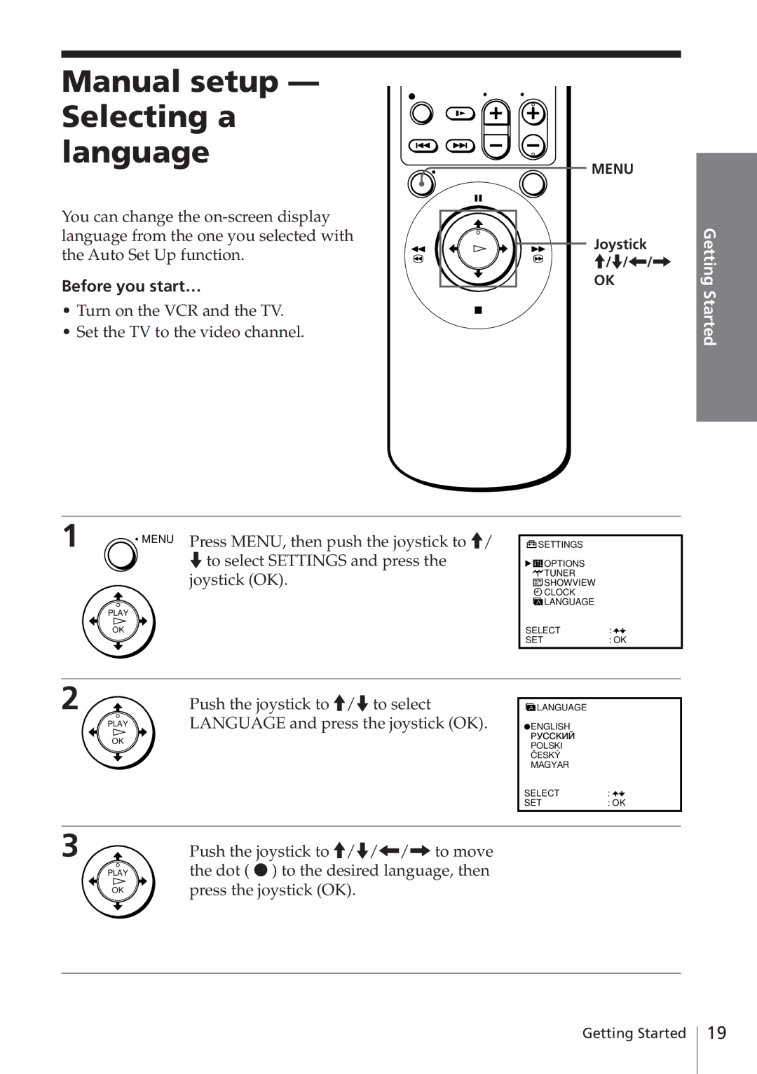 Sony SLV-E780EN/EG operating instructions Manual setup Selecting a language, Before you start… 