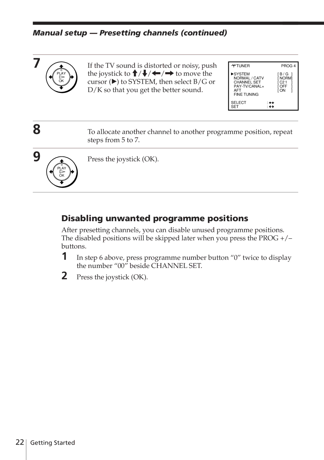 Sony SLV-E780EN/EG operating instructions Disabling unwanted programme positions, Manual setup -- Presetting channels 