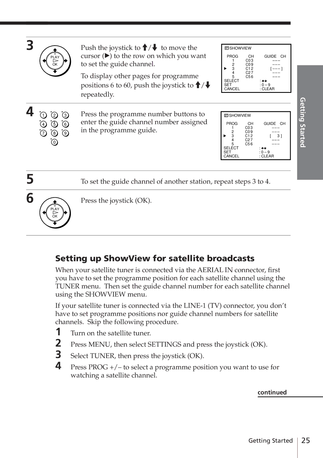 Sony SLV-E780EN/EG operating instructions Setting up ShowView for satellite broadcasts, Press the joystick OK 