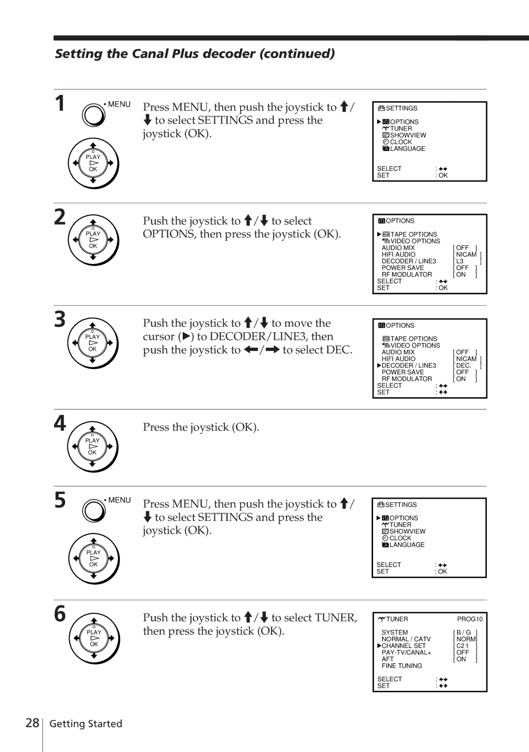 Sony SLV-E780EN/EG operating instructions Setting the Canal Plus decoder, Press MENU, then push the joystick to 