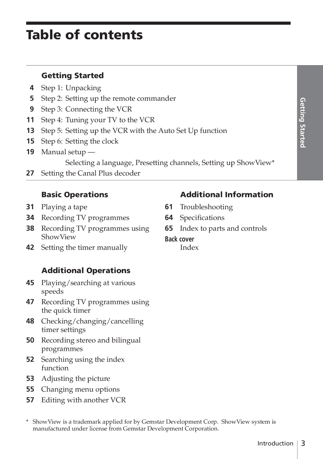 Sony SLV-E780EN/EG operating instructions Table of contents 