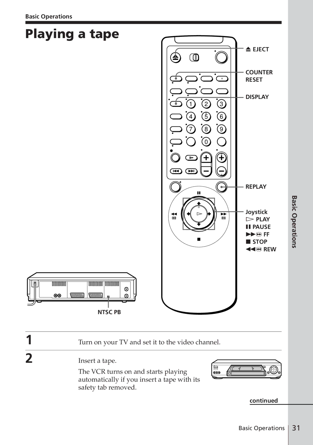 Sony SLV-E780EN/EG operating instructions Playing a tape, Turn on your TV and set it to the video channel, Basic Operations 