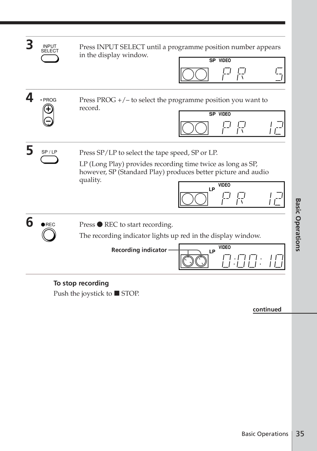 Sony SLV-E780EN/EG Display window, Press Prog +/- to select the programme position you want to, Record, To stop recording 