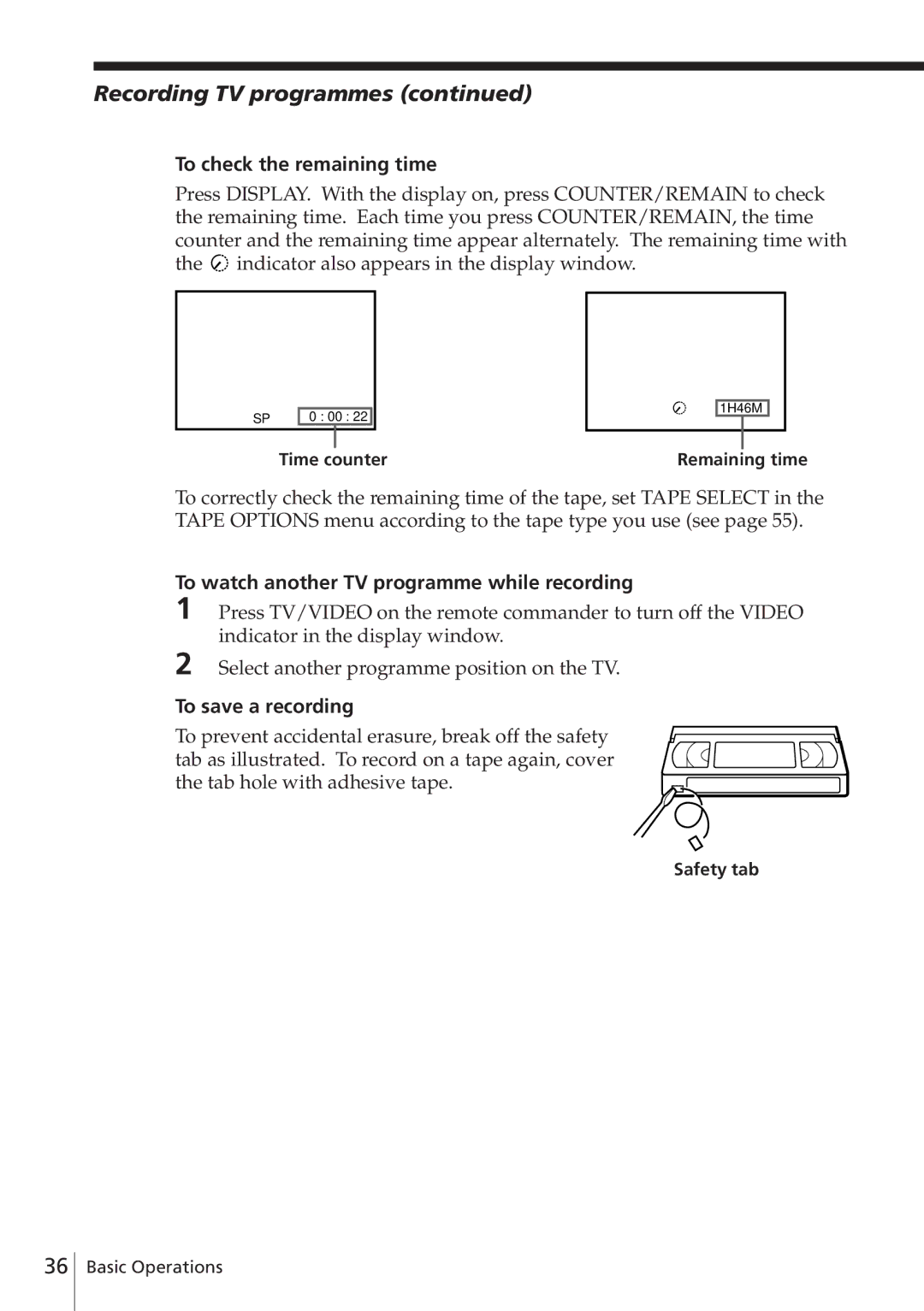 Sony SLV-E780EN/EG Recording TV programmes, To check the remaining time, To watch another TV programme while recording 