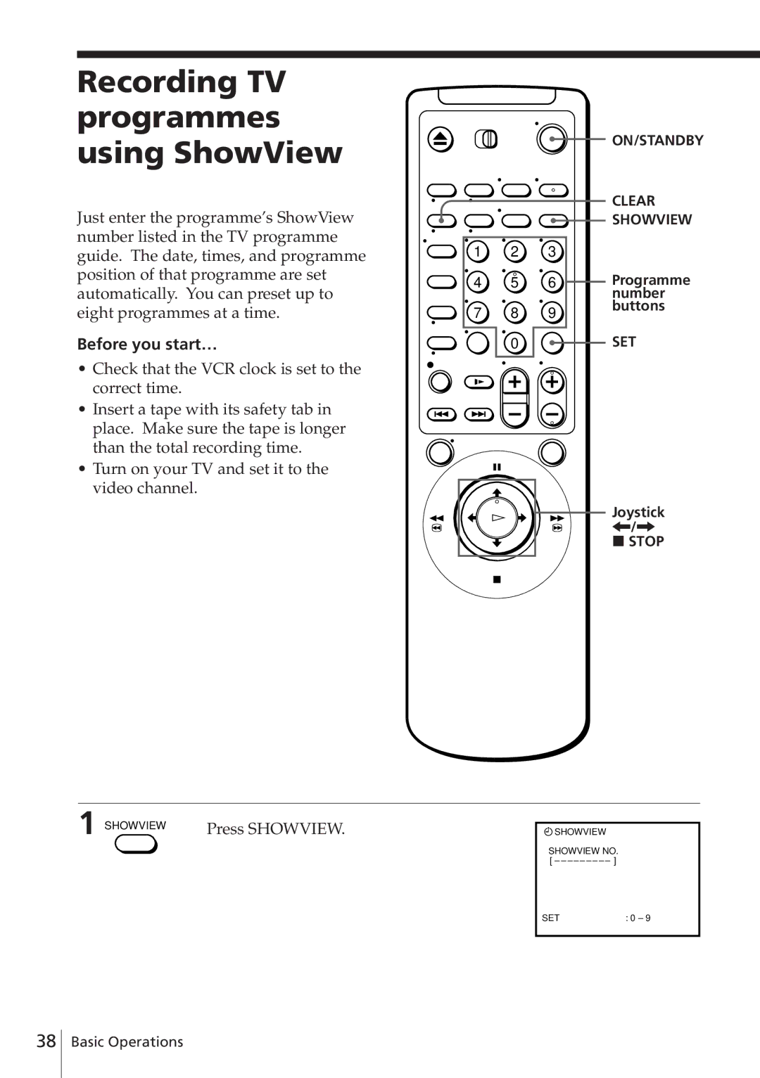 Sony SLV-E780EN/EG operating instructions Recording TV programmes using ShowView, Press Showview, Stop 