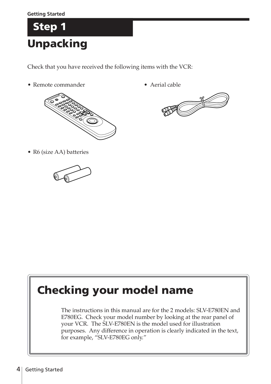 Sony SLV-E780EN/EG operating instructions Unpacking, Checking your model name, Getting Started 