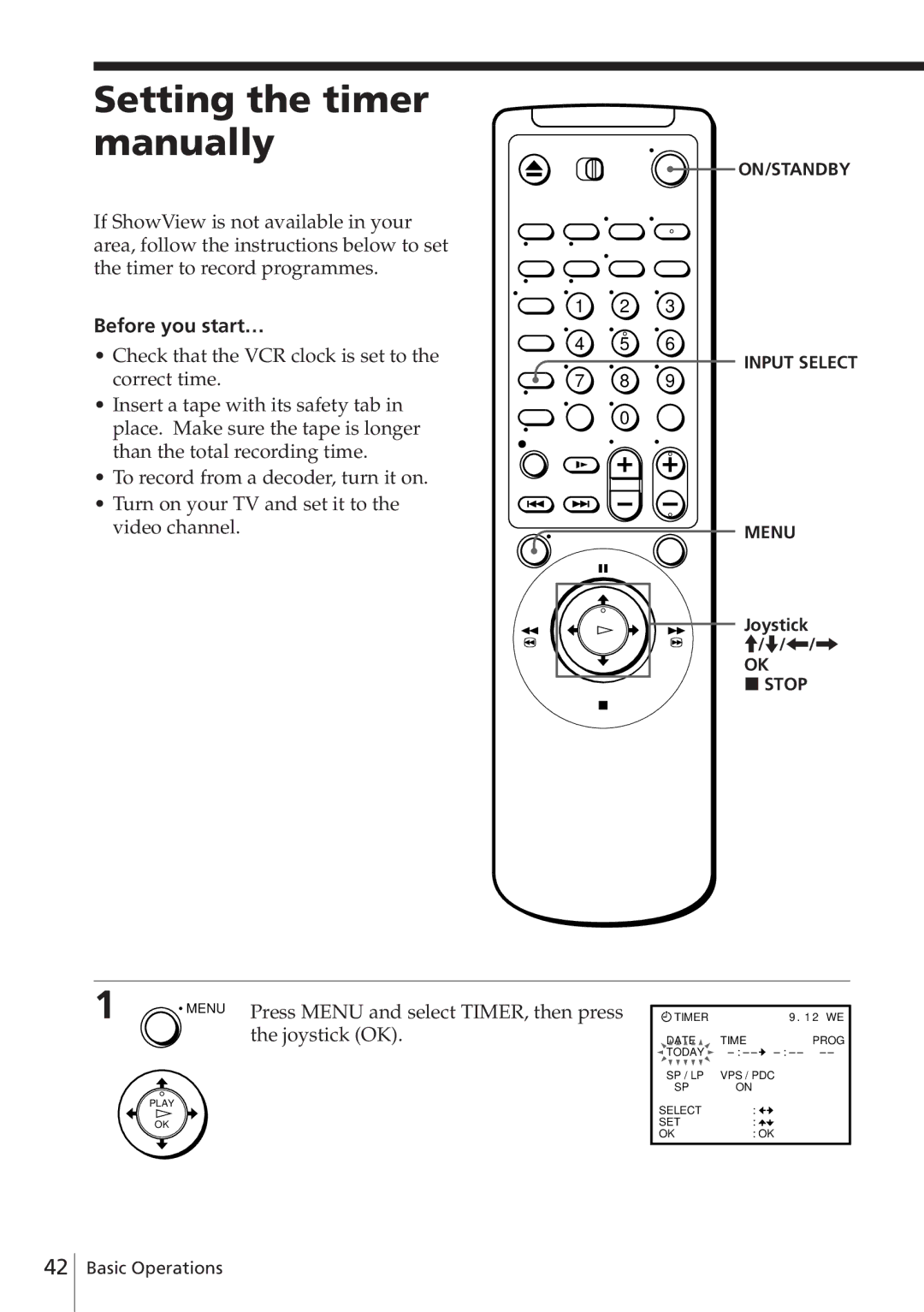 Sony SLV-E780EN/EG Setting the timer manually, Press Menu and select TIMER, then press, Joystick OK, Joystick Stop 