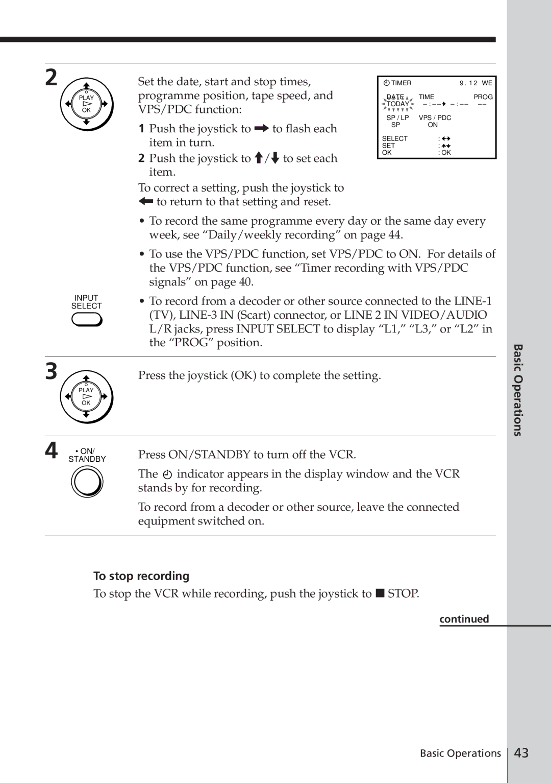 Sony SLV-E780EN/EG operating instructions Press the joystick OK to complete the setting, Operations 