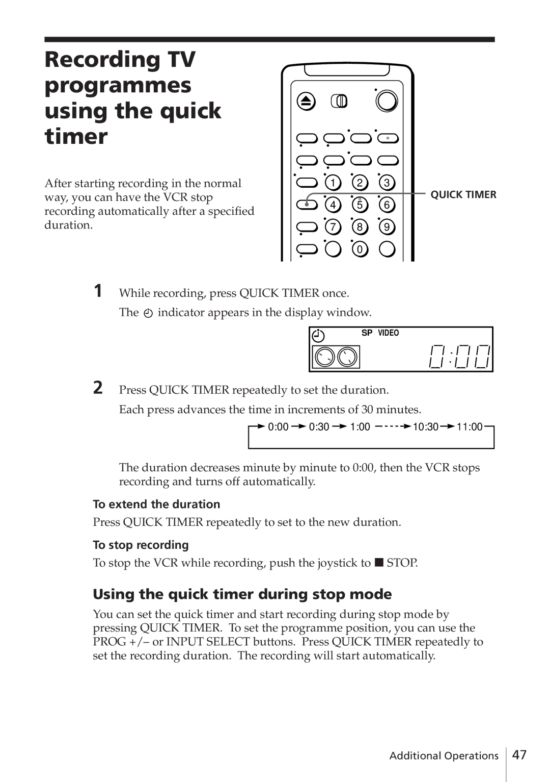 Sony SLV-E780EN/EG Recording TV programmes using the quick timer, Using the quick timer during stop mode 