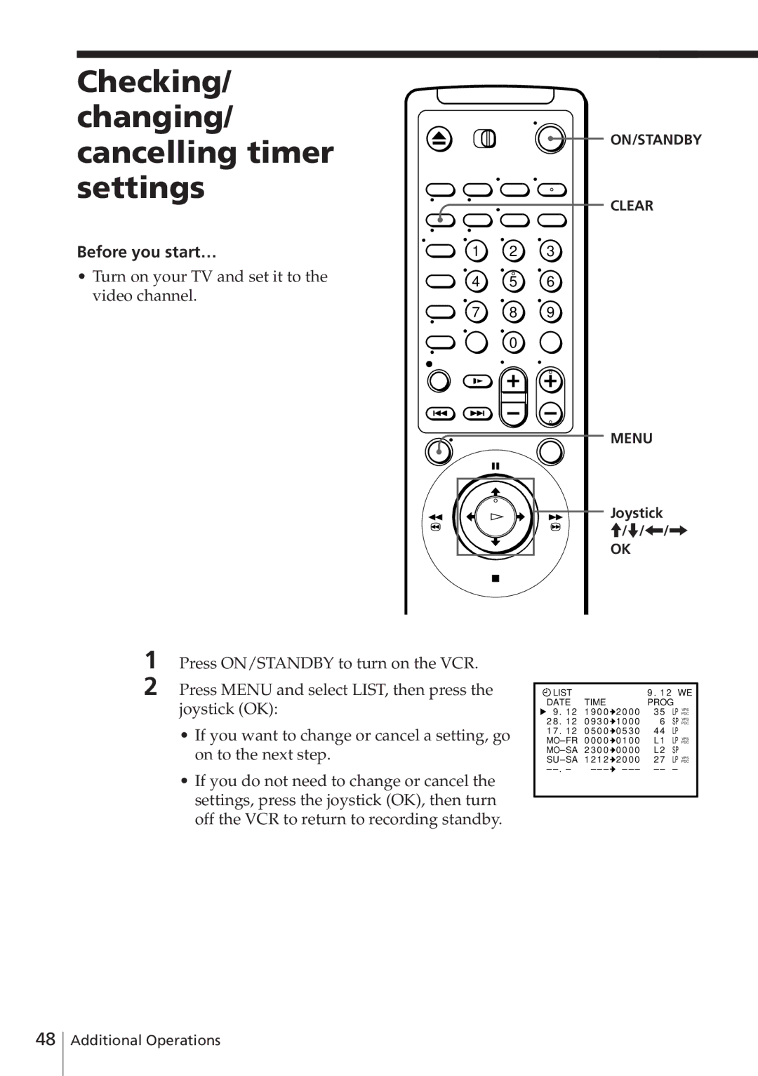 Sony SLV-E780EN/EG operating instructions Checking Changing/ cancelling timer settings, Joystick /./? 