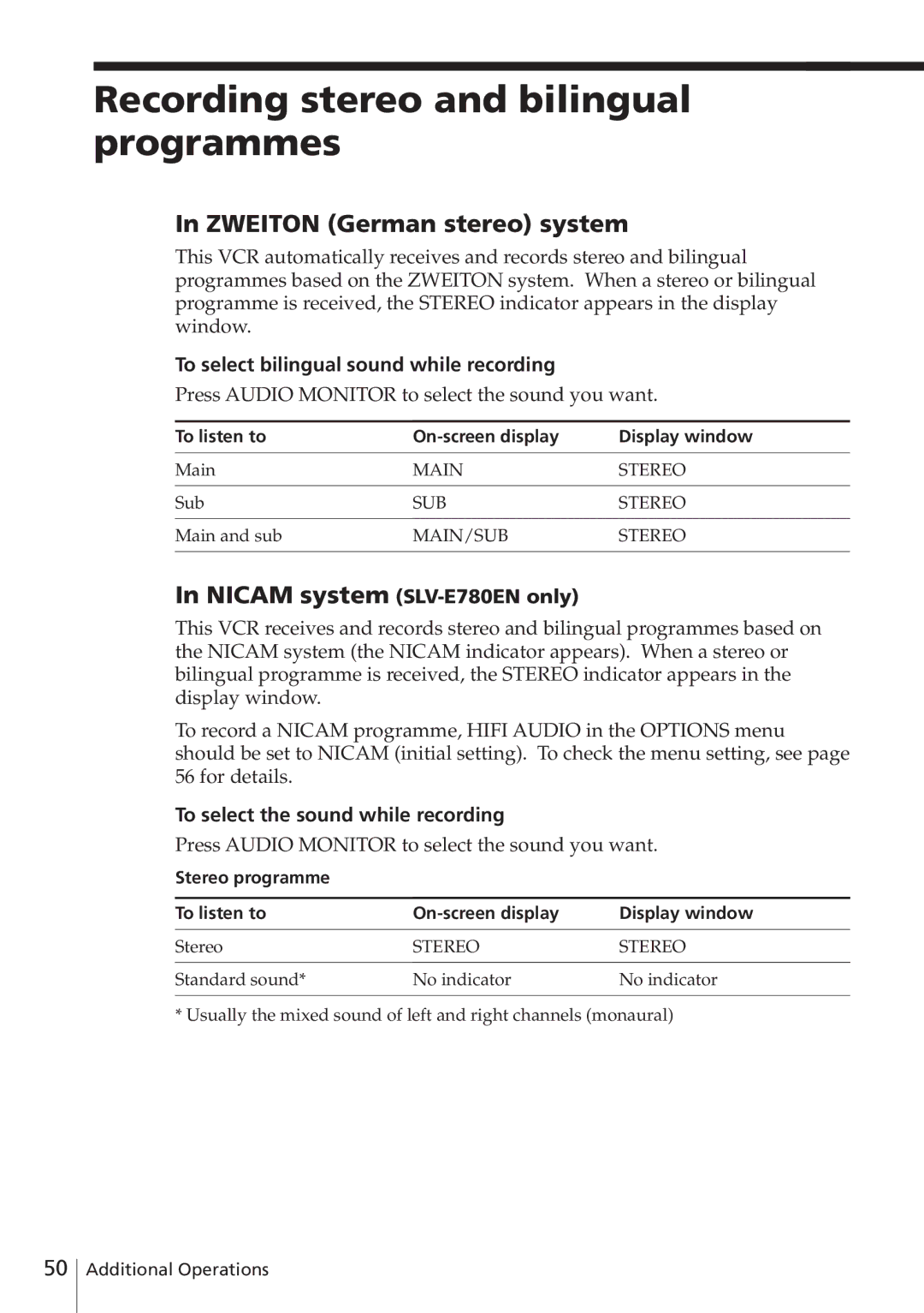 Sony SLV-E780EN/EG Recording stereo and bilingual programmes, Zweiton German stereo system, Nicam system SLV-E780EN only 