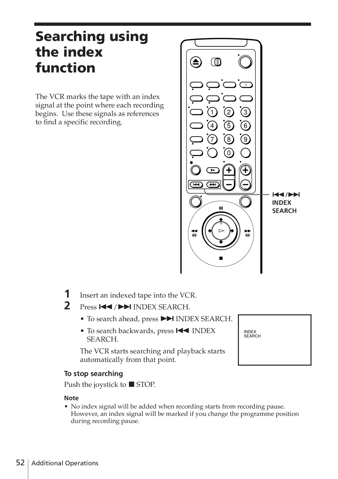 Sony SLV-E780EN/EG operating instructions Searching using the index function, To stop searching 