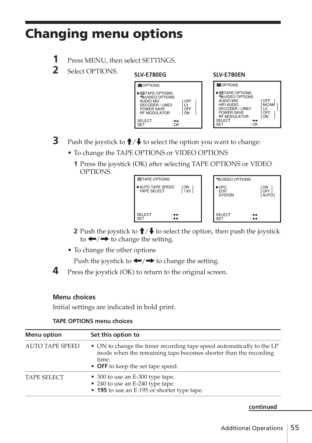 Sony SLV-E780EN/EG Changing menu options, Press MENU, then select Settings, Select Options, Menu choices 