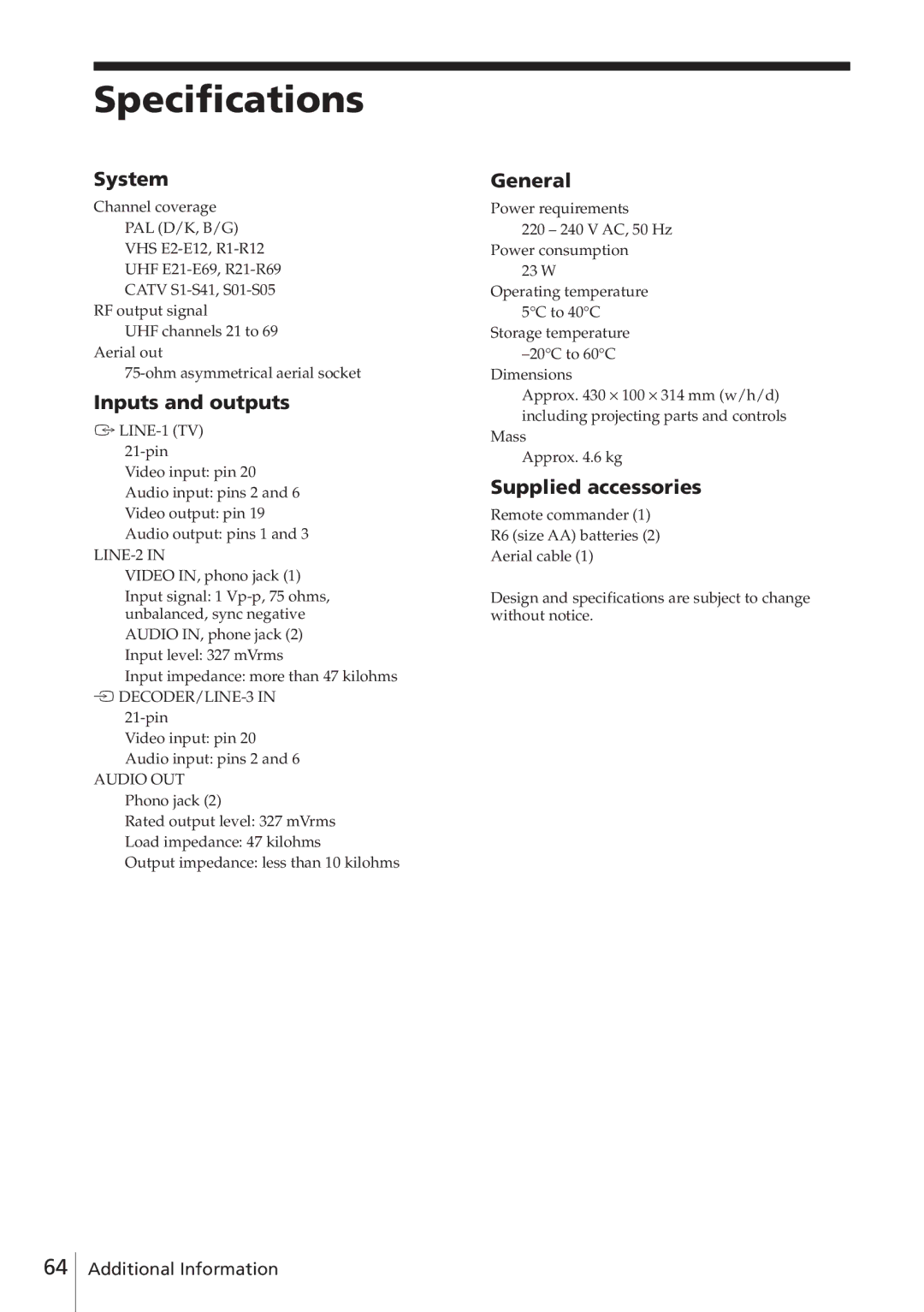 Sony SLV-E780EN/EG operating instructions Specifications, System, Inputs and outputs, General, Supplied accessories 