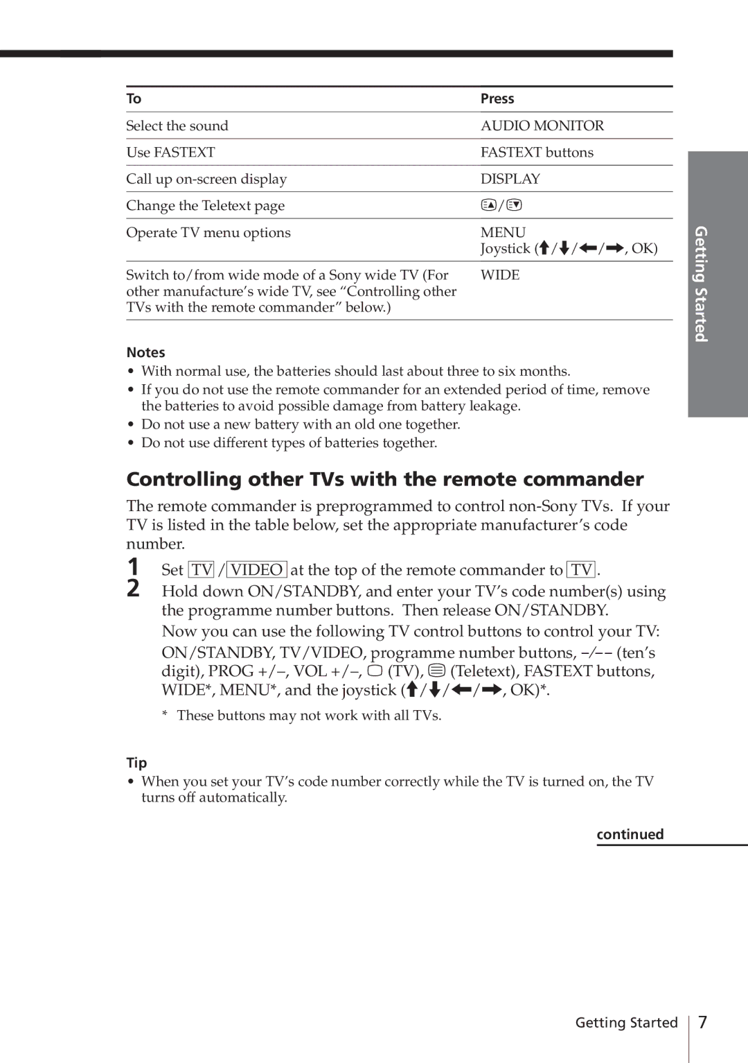 Sony SLV-E780EN/EG operating instructions Controlling other TVs with the remote commander, Tip 