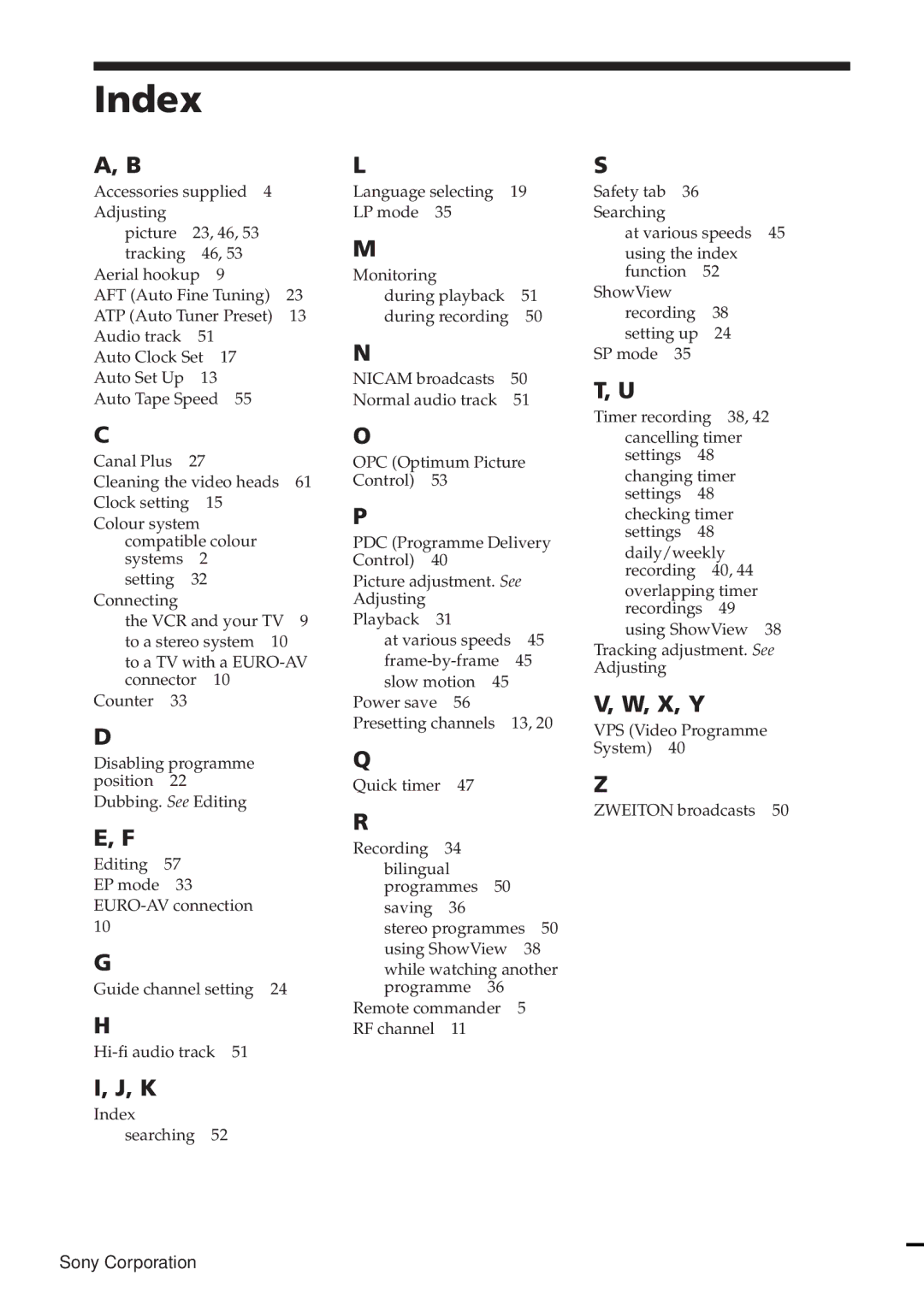 Sony SLV-E780EN/EG operating instructions Index 