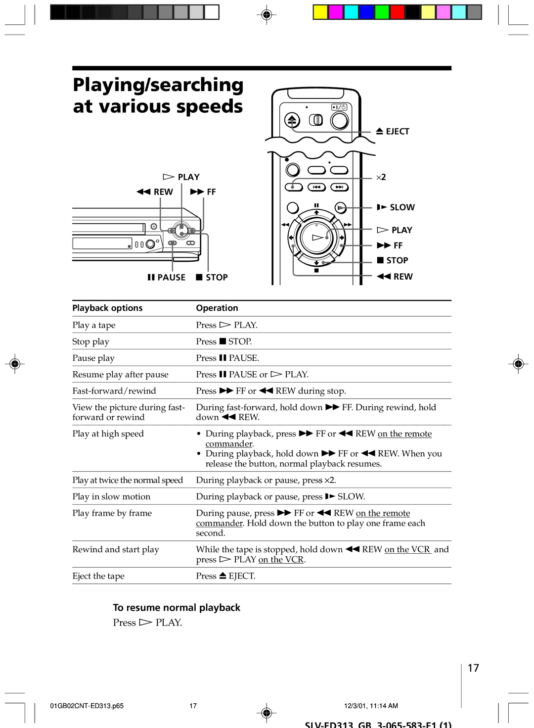 Sony SLV-ED313 manual Playing/searching at various speeds, To resume normal playback, REW Pause x Stop Slow 