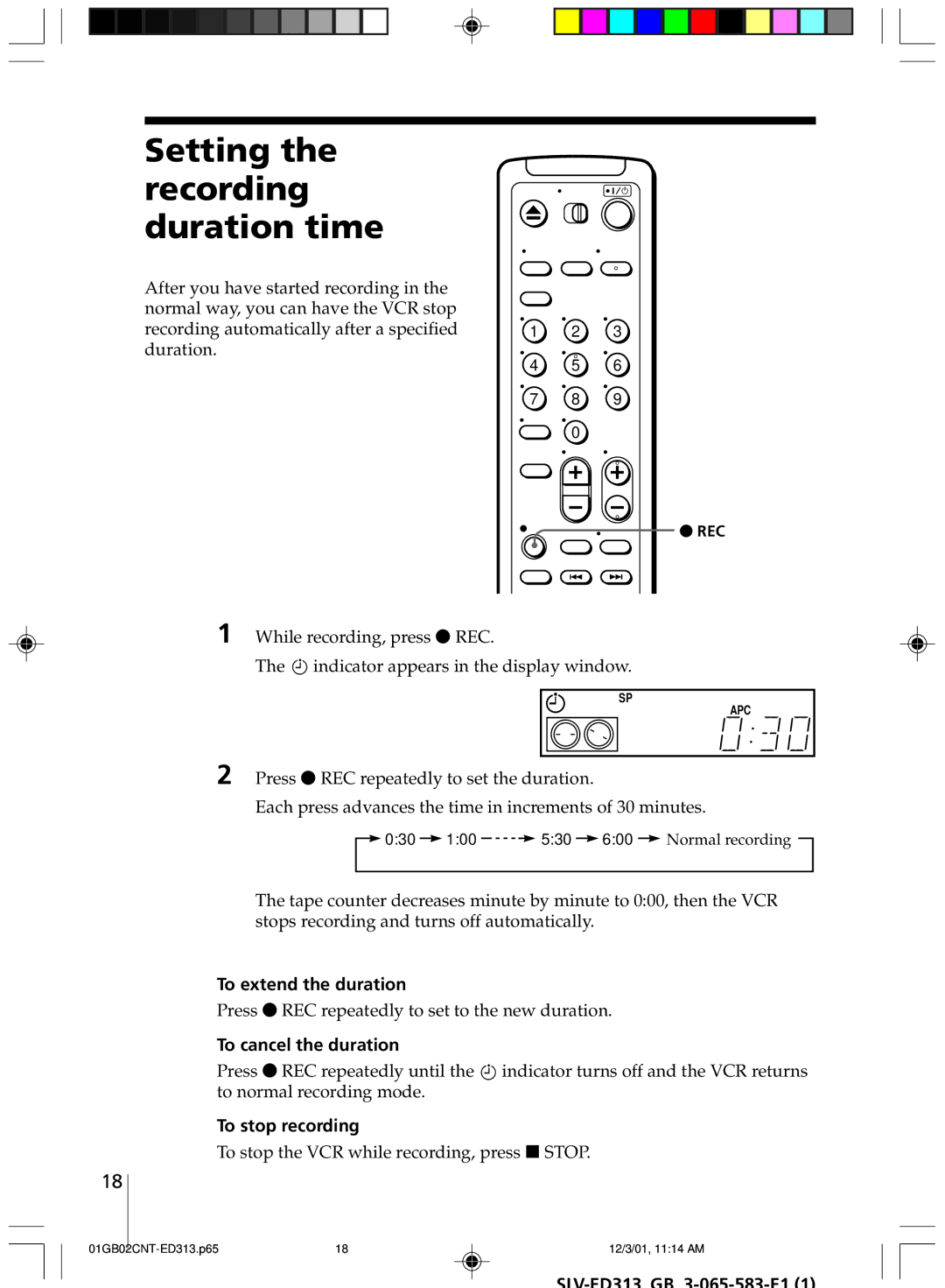 Sony SLV-ED313 manual Setting the recording duration time, To extend the duration, To cancel the duration, Rec 