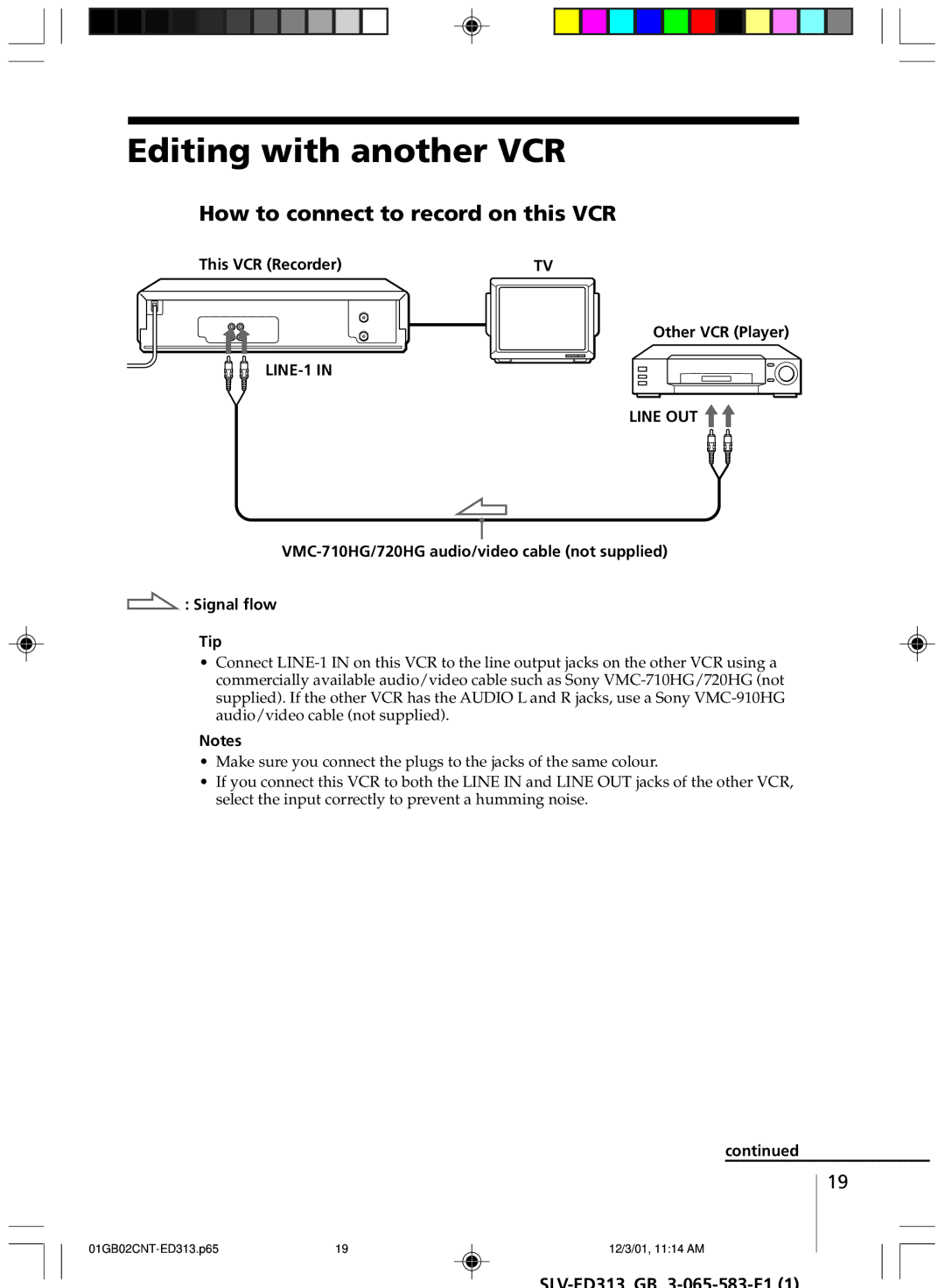 Sony SLV-ED313 manual Editing with another VCR, How to connect to record on this VCR, This VCR Recorder Other VCR Player 