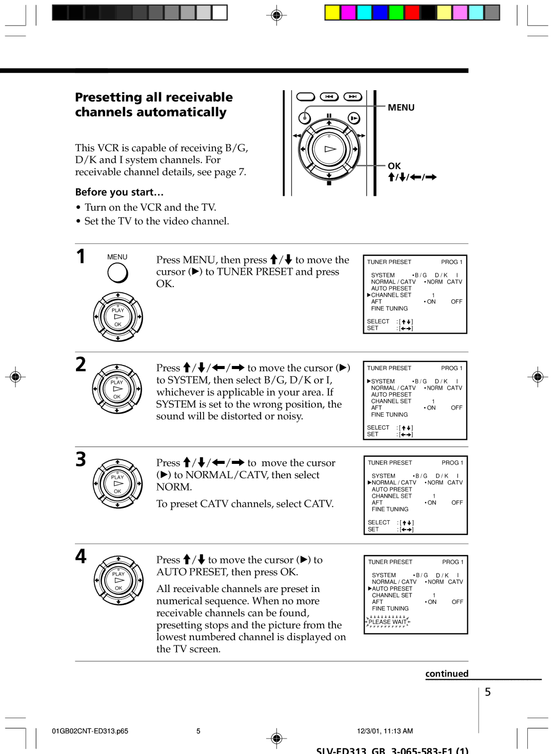 Sony SLV-ED313 manual Presetting all receivable channels automatically 