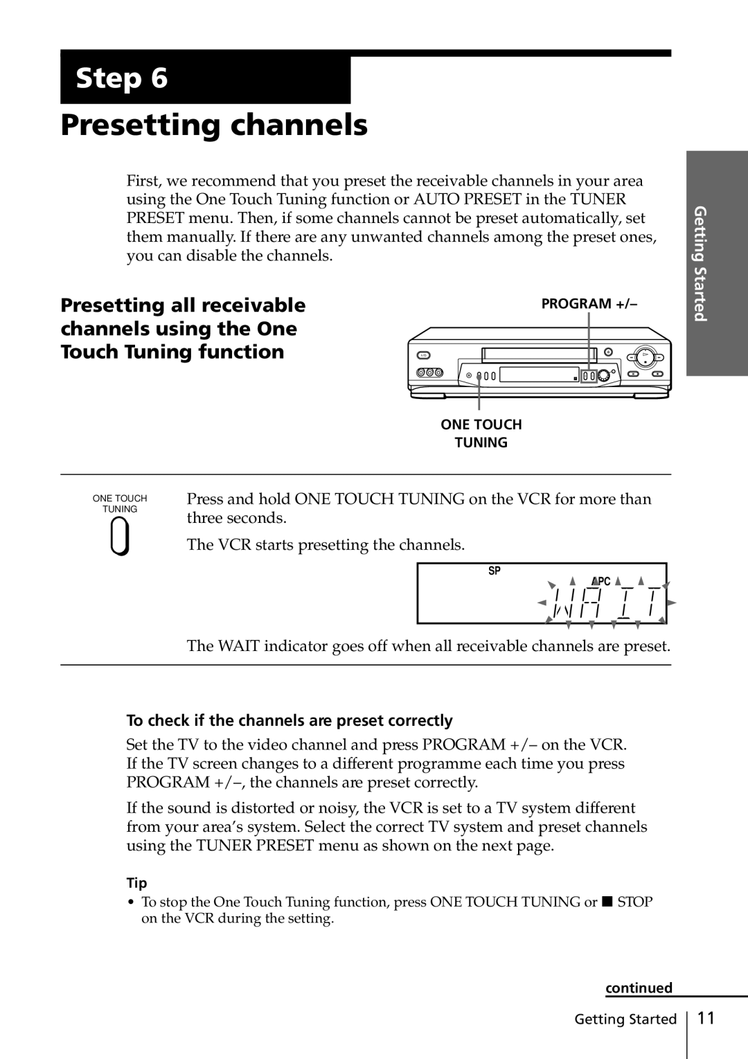 Sony SLV-ED616ME Presetting channels, Presetting all receivable, Channels using the One Touch Tuning function, Tip 