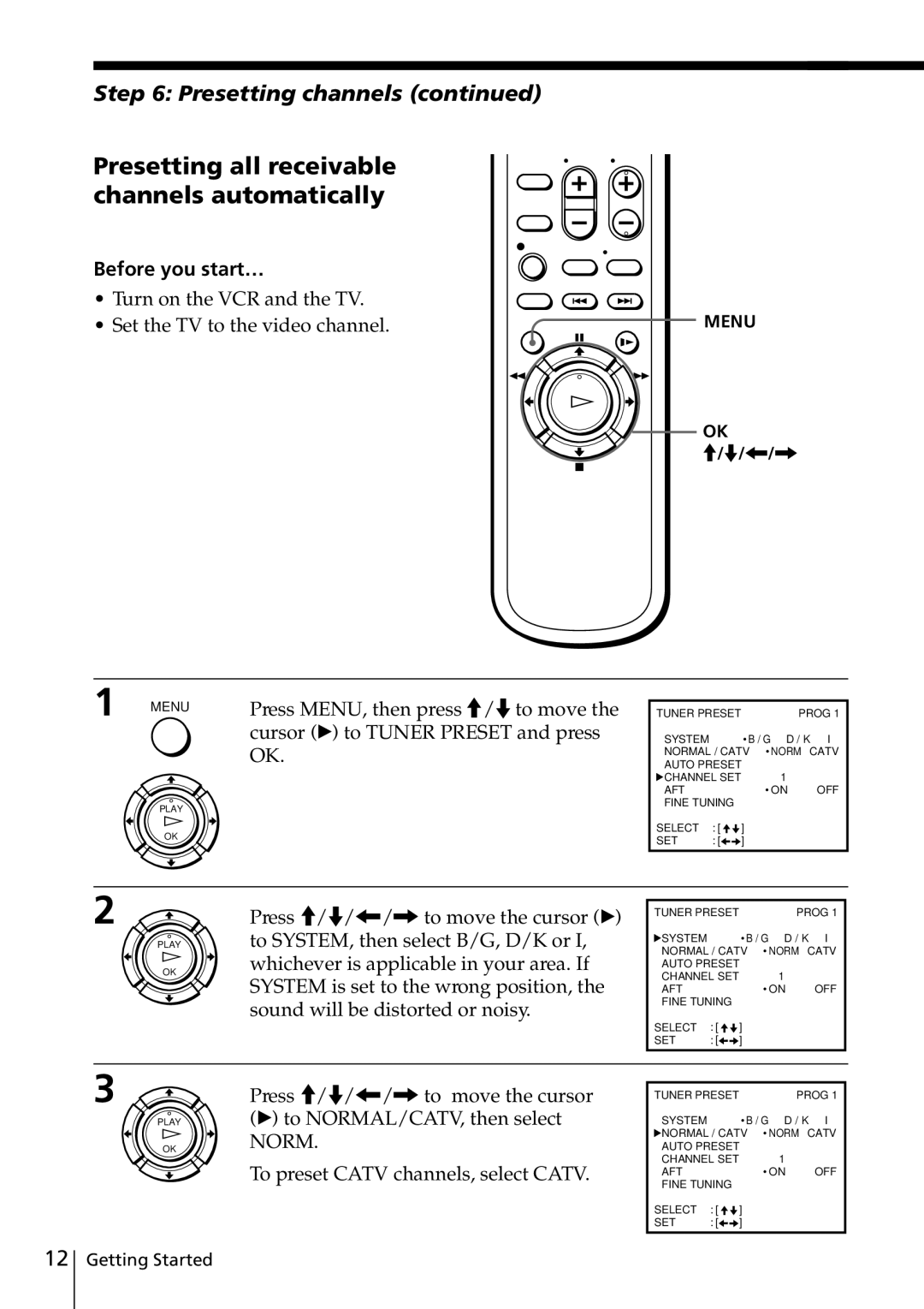 Sony SLV-ED915PS Presetting all receivable channels automatically, Presetting channels, Turn on the VCR and the TV 