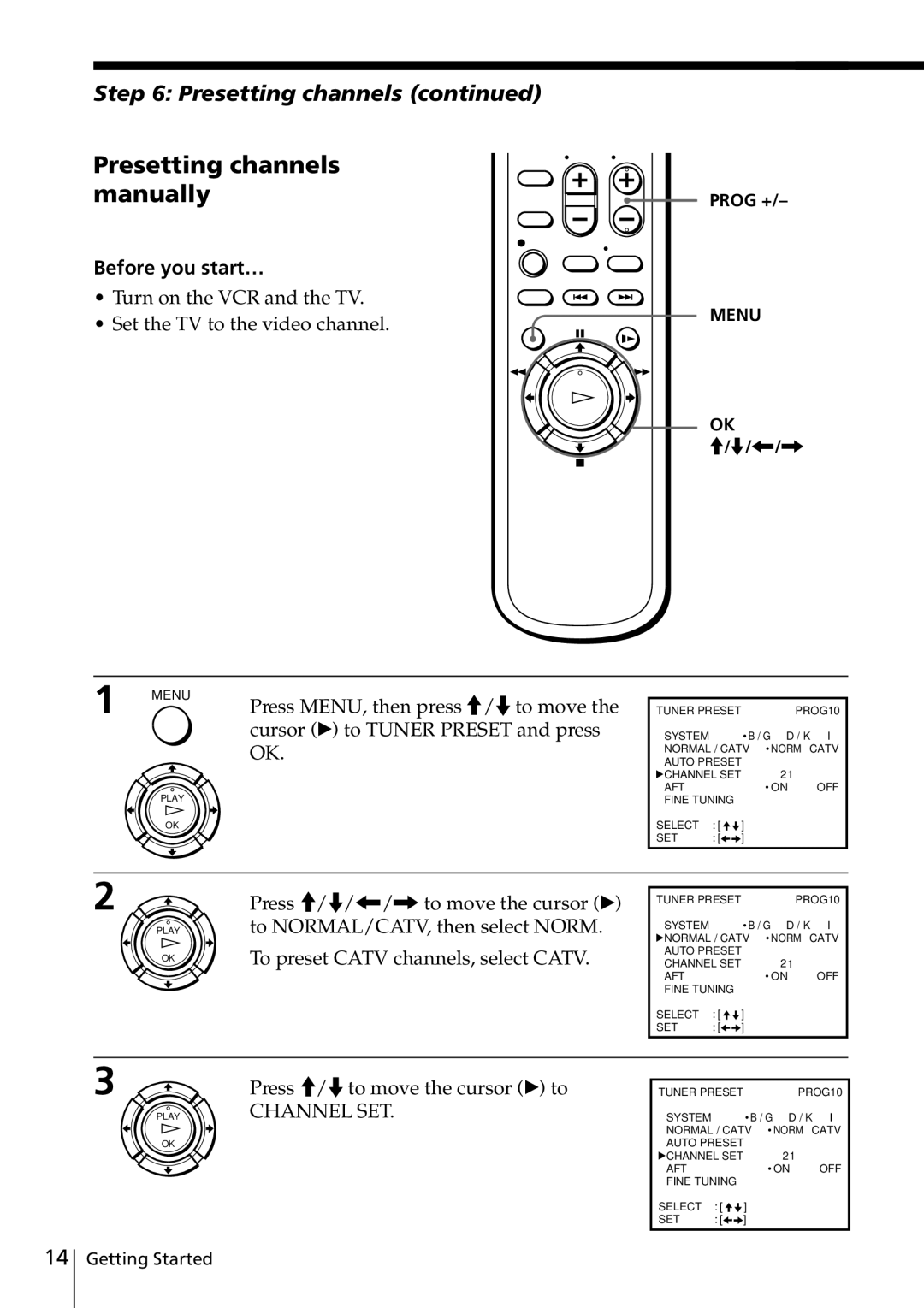 Sony SLV-ED817TH, SLV-ED515PS, SLV-ED818ME Presetting channels manually, Press /.to move the cursor B to, Prog + 