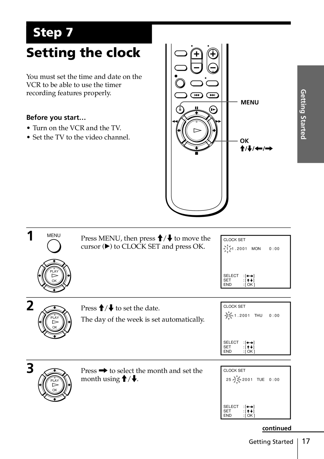 Sony SLV-ED815PS, SLV-ED817TH, SLV-ED515PS Setting the clock, Turn on the VCR and the TV Set the TV to the video channel 