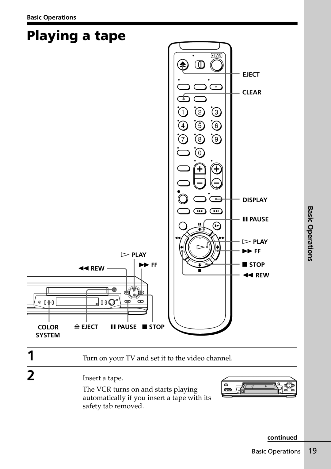 Sony SLV-ED915PS, SLV-ED817TH, SLV-ED515PS, SLV-ED818ME Playing a tape, Basic Operations, REW Stop, Eject X Pause x Stop 