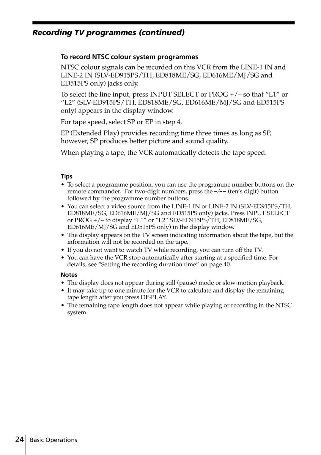 Sony SLV-ED815PS, SLV-ED817TH, SLV-ED515PS Recording TV programmes, To record Ntsc colour system programmes, Tips 