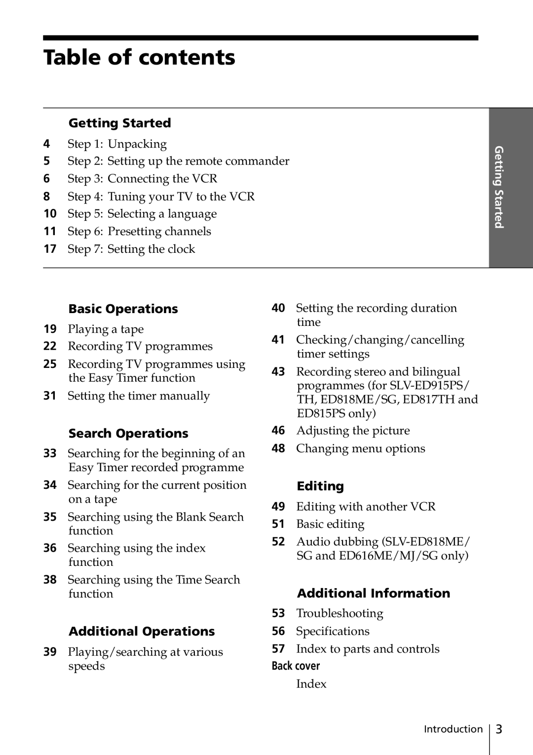 Sony SLV-ED815PS, SLV-ED817TH, SLV-ED515PS, SLV-ED818ME, SLV-ED616ME, SLV-ED915PS, SLV-ED915TH Table of contents 