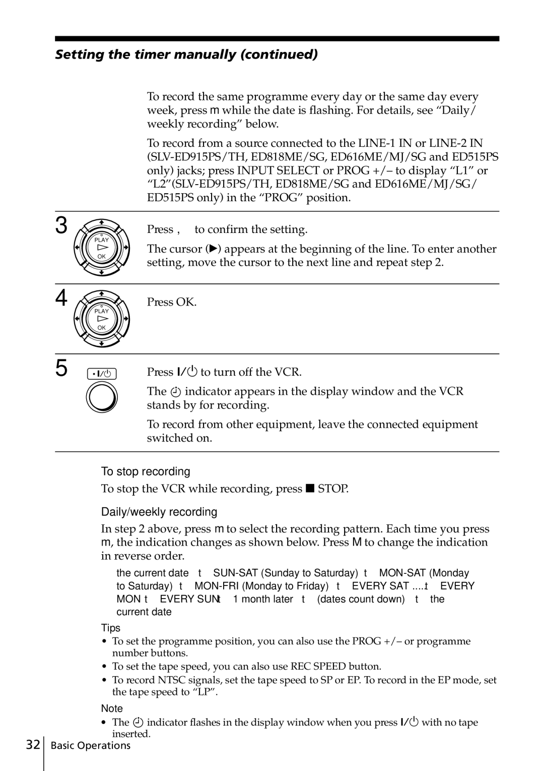 Sony SLV-ED616ME, SLV-ED817TH Setting the timer manually, Press ?/1 to turn off the VCR, Daily/weekly recording 