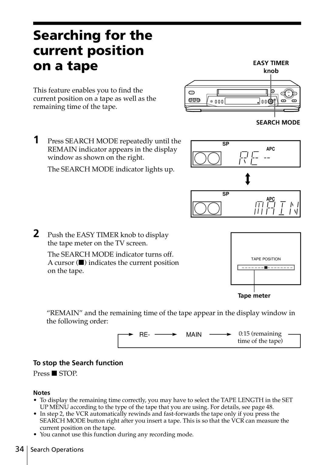 Sony SLV-ED915TH, SLV-ED817TH Searching for the current position on a tape, To stop the Search function, Tape meter 