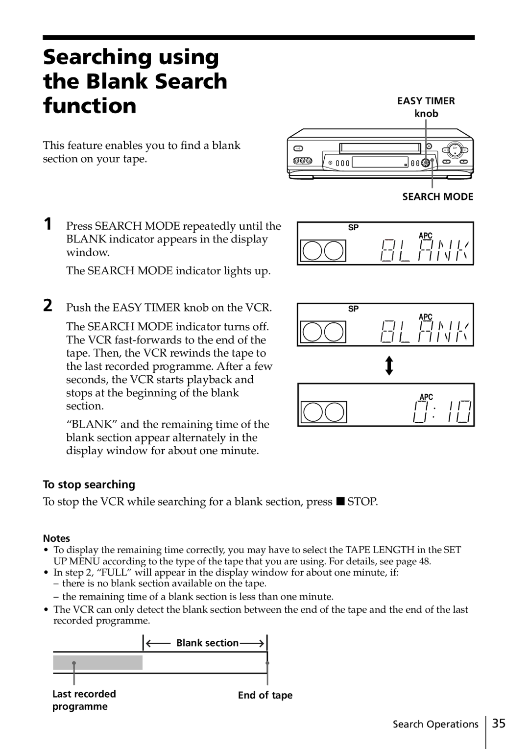 Sony SLV-ED817TH, SLV-ED515PS Searching using the Blank Search function, To stop searching, Blank section Last recorded 