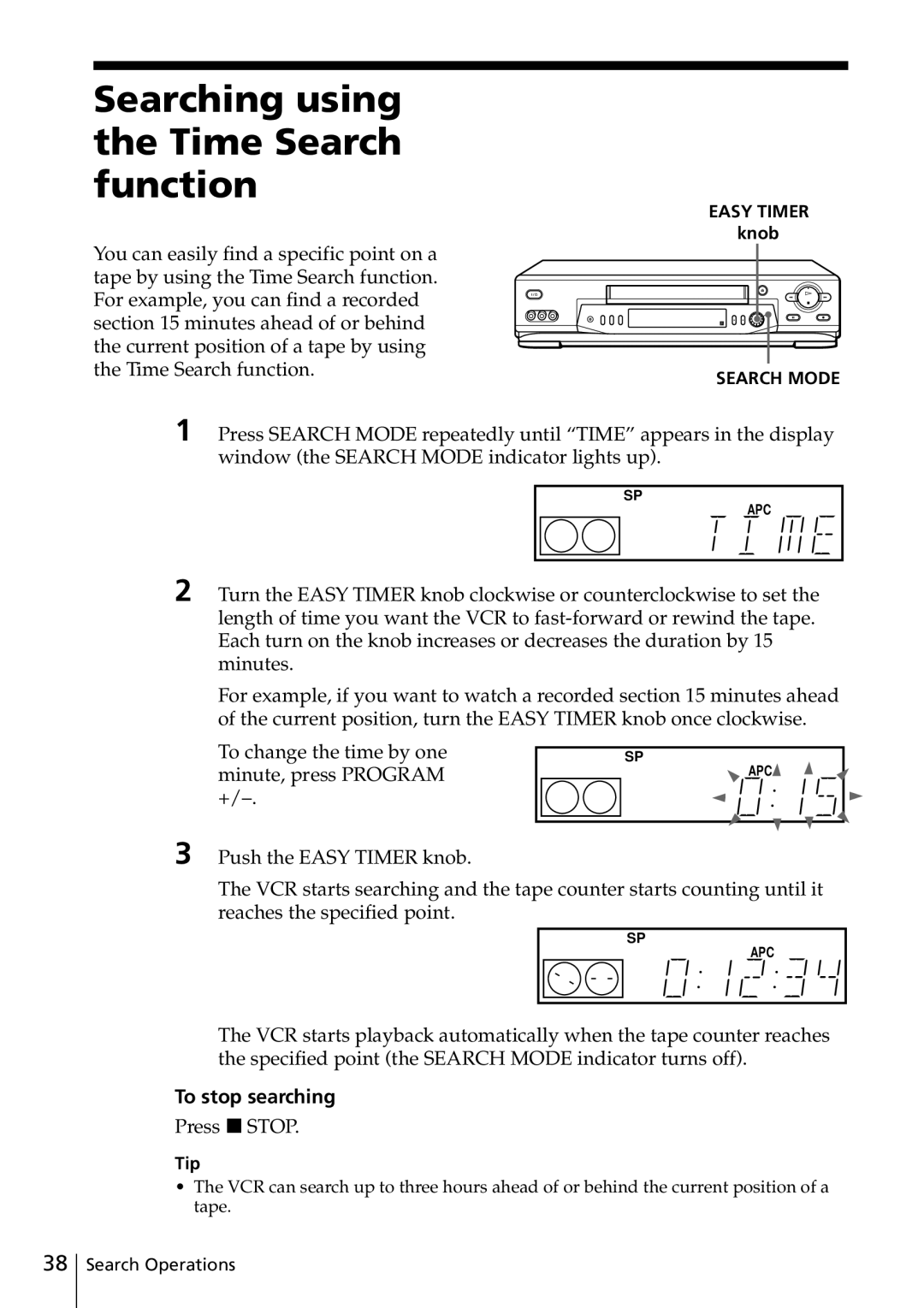 Sony SLV-ED815PS, SLV-ED817TH, SLV-ED515PS Searching using the Time Search function, Press xSTOP, Easy Timer knob 