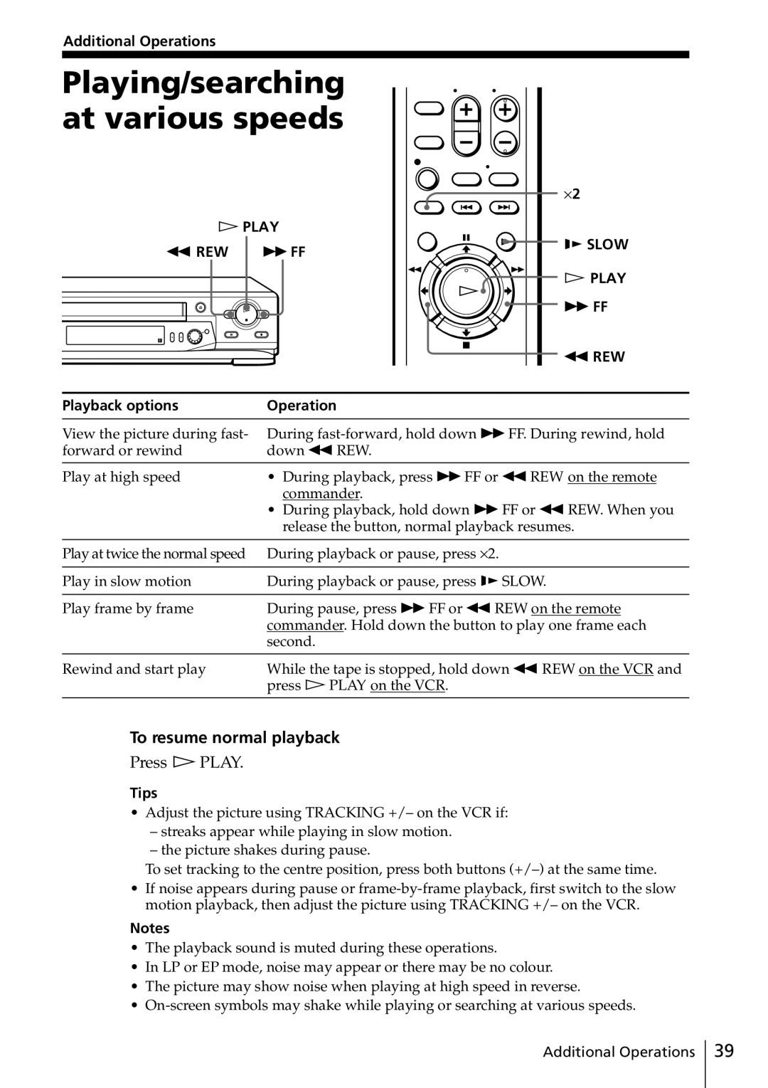 Sony SLV-ED616ME, SLV-ED817TH, SLV-ED515PS Playing/searching at various speeds, To resume normal playback, Press H Play 